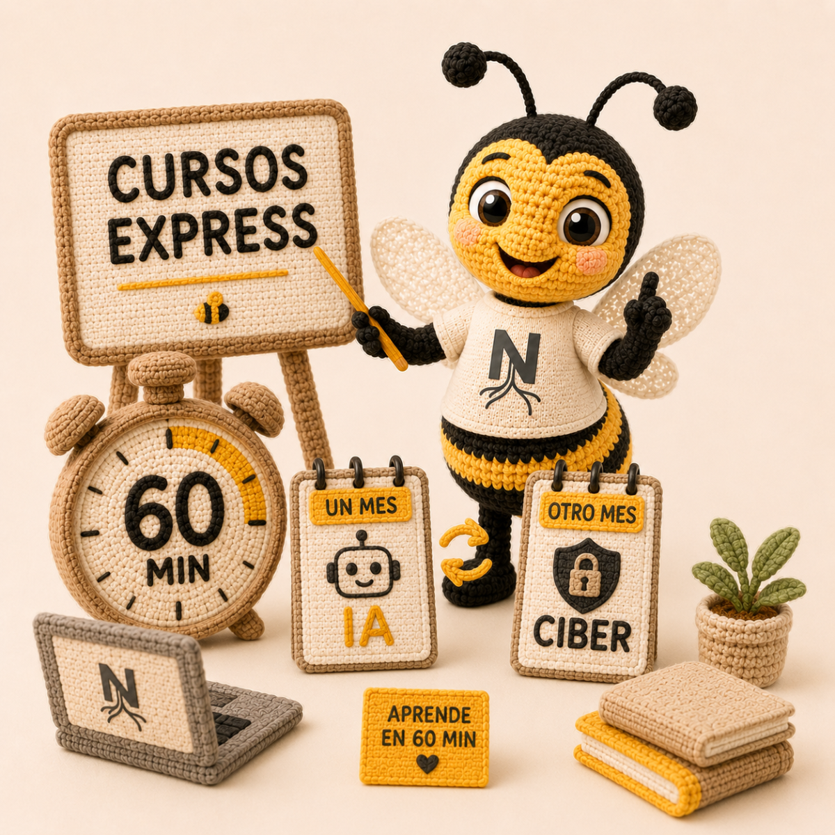 Abeja NomadHive presentando los Cursos Express de IA y ciberseguridad de 60 minutos